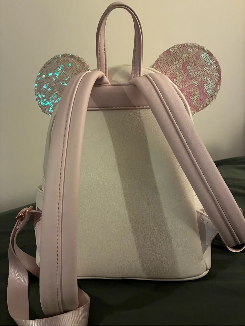 Loungefly Disney White Mini Backpack with Pink Sequin Ears, Rose Gold zippers